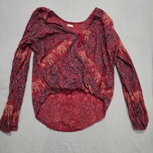 Hollister Red Elephant Paisley Boho Surplice Wrap Top Long Sleeve Festival Med